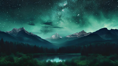 Mountain landscape with starry sky and aurora borealis.の素材