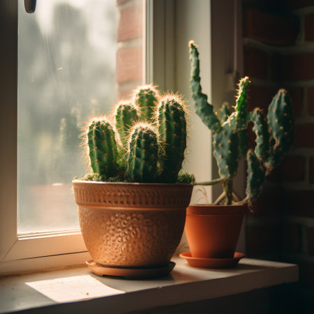 Cactus in a pot on the windowsill. Vintage style.の素材