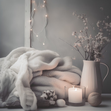 Cozy home interior with cozy knitted sweaters, candles and flowersの素材