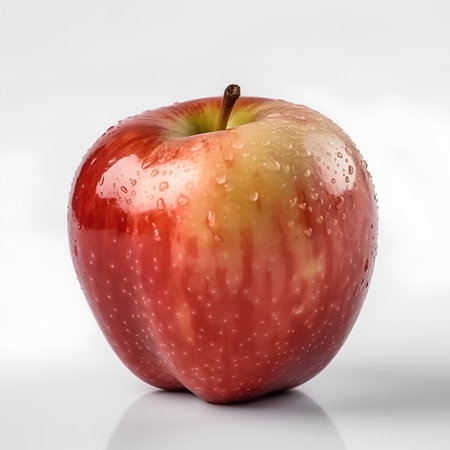 Red apple with water droplets on white background. Studio shot.の素材