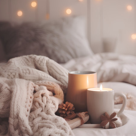 Cozy winter morning in bed. Cozy home interior with knitted plaid, cup of hot drink, cinnamon and anise.の素材
