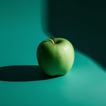 Green apple on a green background with shadow from the sun. Minimal concept.の素材