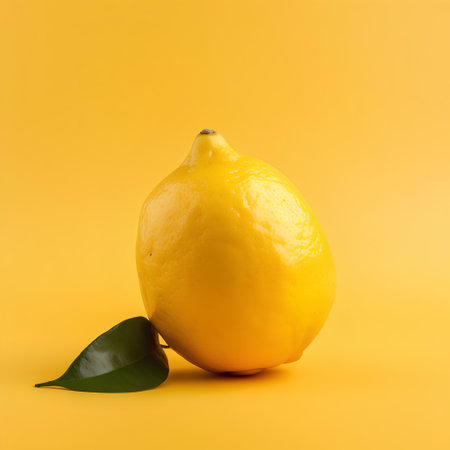 Lemon with leaf on yellow background. Minimal summer concept.の素材