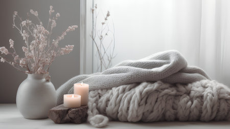 Cozy home interior with knitted plaid, candles and dried flowersの素材