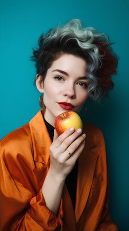 Portrait of beautiful young woman with an apple in her hand.の素材