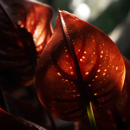Close-up of a red anthurium plant in the gardenの素材