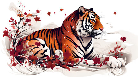 Vector illustration of a tiger on a white background with autumn leaves.の素材