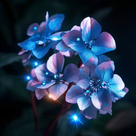 Beautiful blue hydrangea flowers with glowing lights on dark backgroundの素材