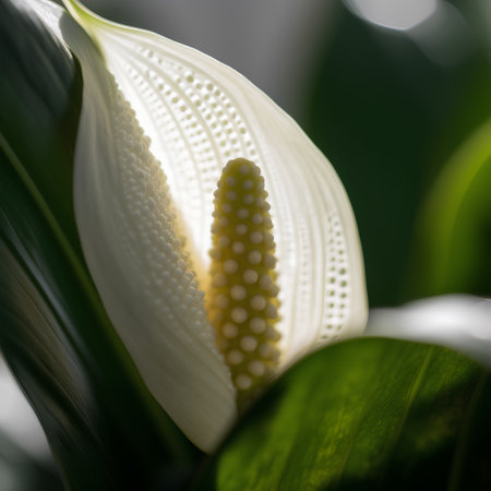 Close up of a white spathiphyllum flower.の素材