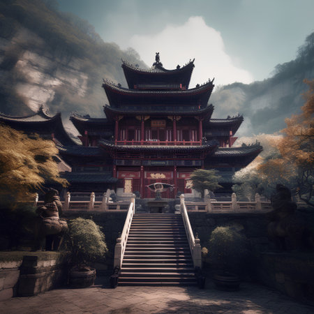 Traditional chinese temple in the mountains. 3D Rendering.の素材