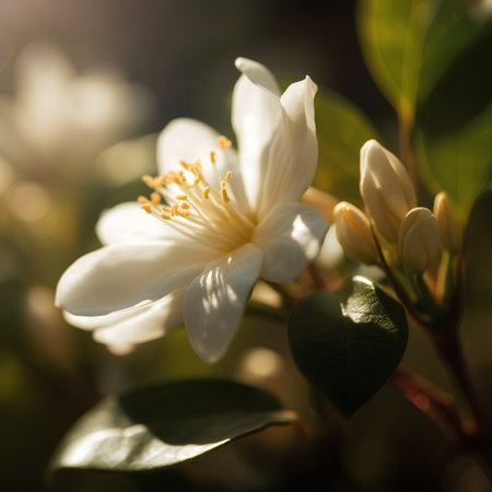 Beautiful white jasmine flower in sunlight. Nature background.の素材