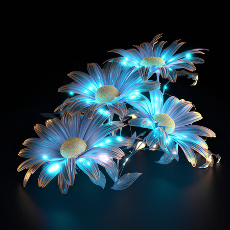 Glowing daisies on a black background. Vector illustration.の素材