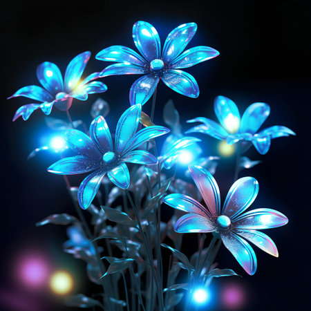 3d illustration of blue flowers on black background with bokeh effectの素材