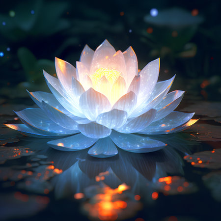Lotus flower on the water. 3D illustration. Sacred geometry.の素材