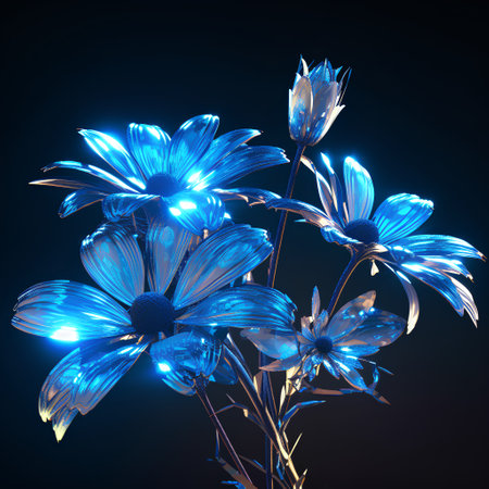 Blue daisies on a dark background. 3D illustration.の素材