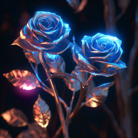 3D illustration of a blue rose on a dark background with bokeh effectの素材