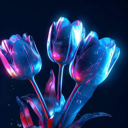 Futuristic glowing blue tulips on dark background. 3d renderingの素材