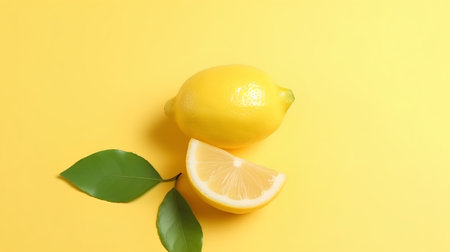 Lemon with green leaves on yellow background, flat lay. Space for textの素材