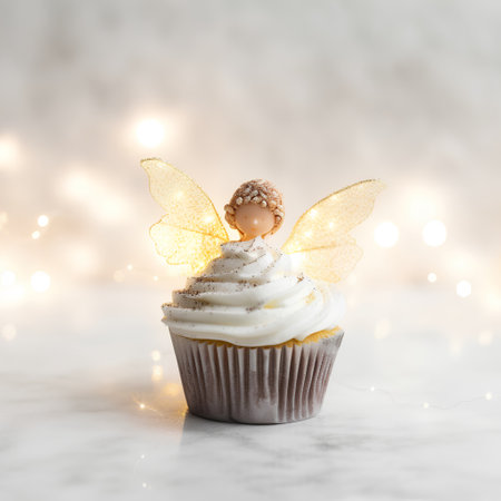 Cupcake with angel wings and bokeh lights on backgroundの素材