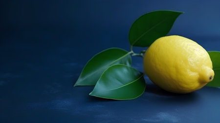 Lemons and leaves on a dark blue background with copy spaceの素材