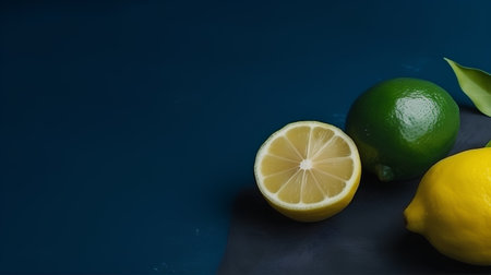 Lemons and limes on a blue background with copy spaceの素材