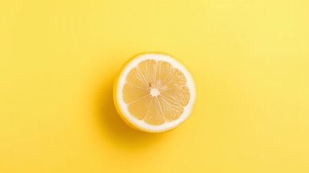 Lemon on yellow background. Flat lay, top view, copy spaceの素材