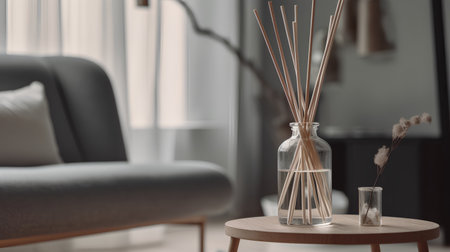 Aromatic reed air freshener on wooden table in roomの素材