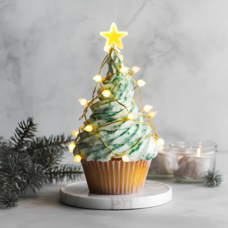 Christmas cupcake decorated with green frosting and golden star on a white backgroundの素材