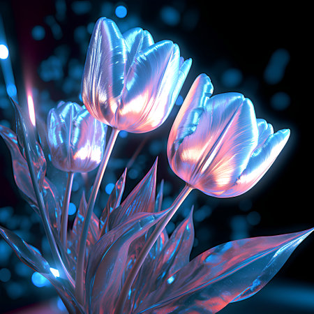 Blue tulips on a black background. 3d rendering, 3d illustration.の素材