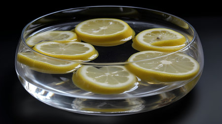 Glass of water with lemon slices on a black background. Close up.の素材