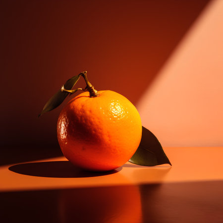 Orange with leaves on a orange background. Minimal style still lifeの素材