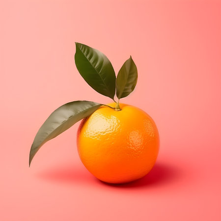 Orange with green leaves on a pink background. Citrus fruit.の素材