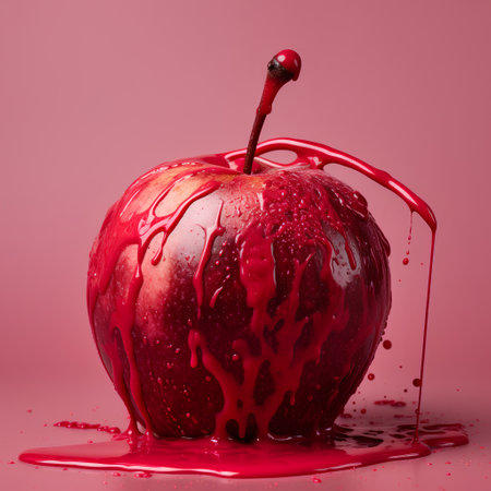 Red apple with splashes and drops of juice on a pink backgroundの素材