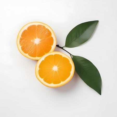 Slices of orange with leaves on white background, top viewの素材
