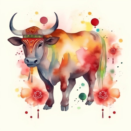 Watercolor illustration of a cow in a mexican costume.の素材