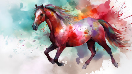 Watercolor painting of a horse on a watercolor splash background.の素材
