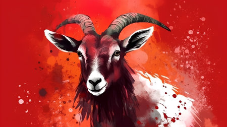 illustration of a goat with splashes on a red background.の素材
