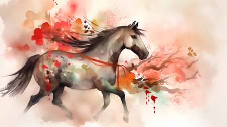 Watercolor painting of a horse on a background of watercolor splashesの素材