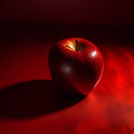 Red apple with shadow on red background. 3d render illustration.の素材