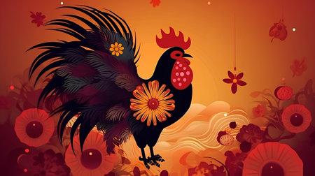 Rooster with flowers on orange background. Vector illustration. Eps 10.の素材