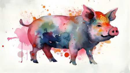 Watercolor illustration of a pig on a white background with colorful splashesの素材