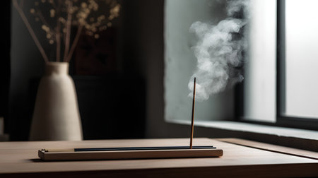Burning incense sticks on a wooden table in a dark roomの素材