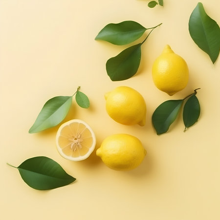 Lemons with green leaves on yellow background. Flat lay, top view