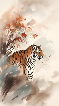 Watercolor illustration of a tiger on a background of autumn leaves.の素材