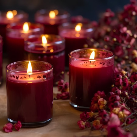 Burning candles with red flowers in the background on a dark backgroundの素材