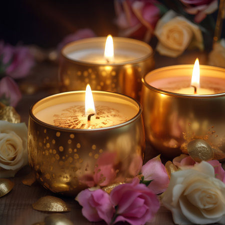 Beautiful burning candles and roses on wooden background, close-upの素材