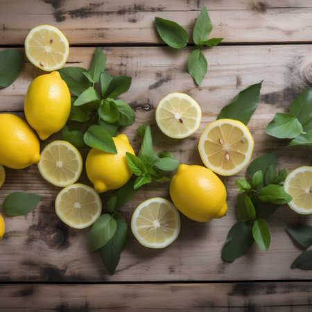 Lemons, lemons and mint leaves on a wooden backgroundの素材