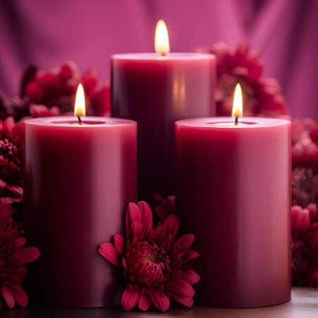 Red candles with flowers on a pink background. Selective focus.の素材
