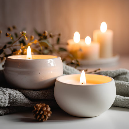 Spa still life with burning candles, warm knitted plaid, pine cones and eucalyptus branches on white backgroundの素材
