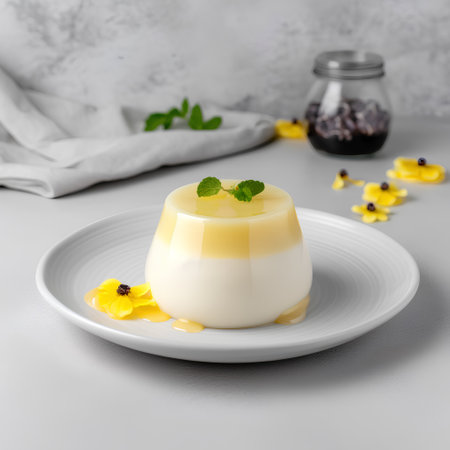 Panna cotta with caramel and mint on a light background.の素材